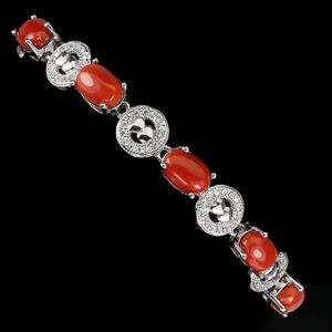 Natural Oval‎ Orange Coral 7x5mm & Cz 925 Sterling Silver Bracelet 6.5"